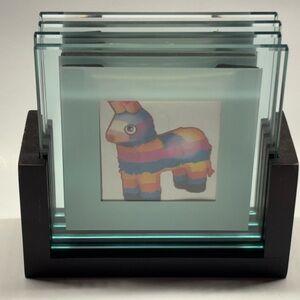 Set of 4 Glass Picture Frame Coaster by SWING  square with a brown wooden holder
